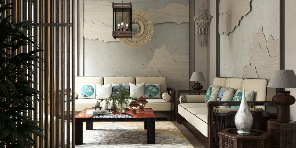 modern Asian living room featuring elegant furniture arrangement with a focus on comfort and style, showcasing interior decor techniques using Homestyler's real-time 3D rendering for a visual preview.