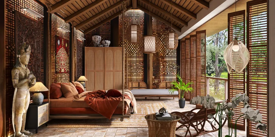 Cozy bedroom with wooden accents featuring a warm color palette, styled using Homestyler's 3D rendering for realistic interior design preview.