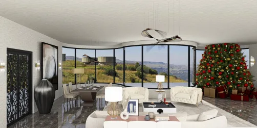 luxurious living room featuring a stylish holiday tree enhancing the modern decor, showcasing interior design elements with Homestyler's real-time 3D rendering functionality.