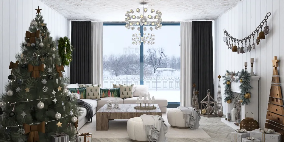 cozy living room adorned with a Christmas tree and holiday decorations featuring a modern style ambiance, showcasing Homestyler's real-time 3D rendering for festive interior design.