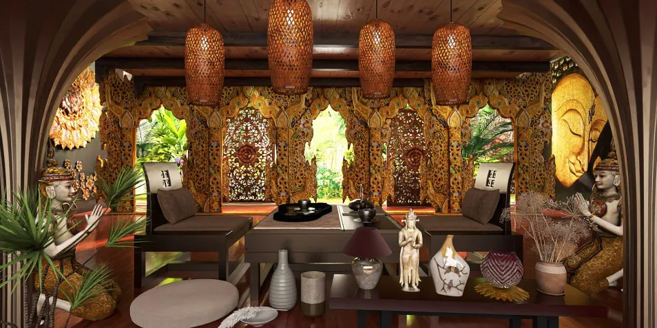 luxurious interior design featuring ornate wooden furnishings and Buddha decor with warm lighting creating a tranquil atmosphere, optimized for showcasing Asian-inspired home interiors and leveraging Homestyler's real-time 3D rendering feature.