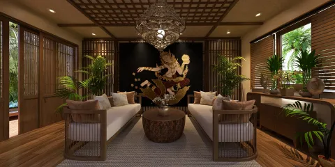 a modern living room featuring a relaxed seating arrangement with white sofas and a round wooden coffee table, designed in a contemporary style with tropical plants and artistic wall decor, showcasing Homestyler's real-time 3D rendering functionality for optimal interior design visualization.