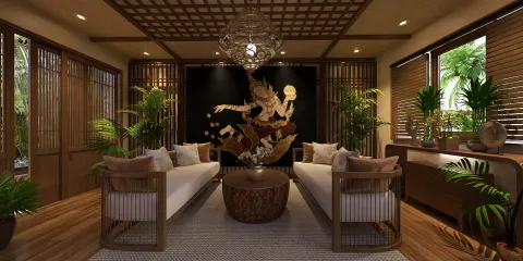 modern living room design featuring wooden furniture and lush plants, showcasing a cozy and inviting atmosphere with a cultural mural as the focal point, utilizing Homestyler's real-time 3D rendering for design proposal.