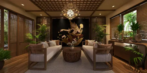 living room with two sofas and a central table featuring a large artwork, designed in a modern style that emphasizes harmony and warmth, showcasing an interior decor solution using Homestyler's real-time 3D rendering feature.