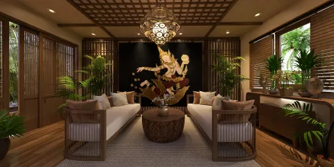 living room with wooden furniture featuring a traditional mural design, showcasing a blend of modern and rustic elements, ideal for creating a warm and inviting atmosphere, enhanced by Homestyler's real-time 3D rendering feature.