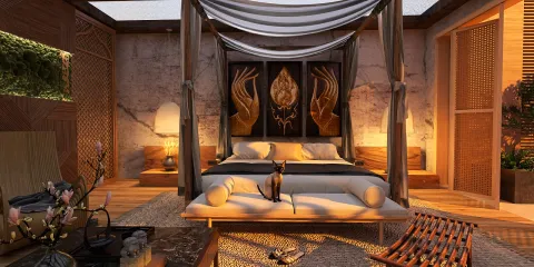 luxurious bedroom design featuring a four-poster bed with intricate artwork, showcasing an elegant blend of modern and traditional styles, ideal for creating a serene and inviting atmosphere using Homestyler's real-time 3D rendering feature.