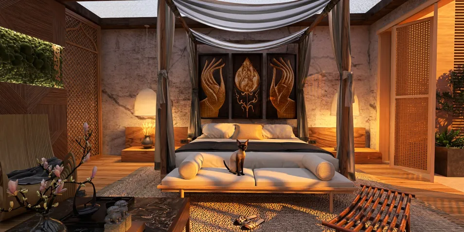 luxurious bedroom design featuring a four-poster bed with intricate artwork, showcasing an elegant blend of modern and traditional styles, ideal for creating a serene and inviting atmosphere using Homestyler's real-time 3D rendering feature.