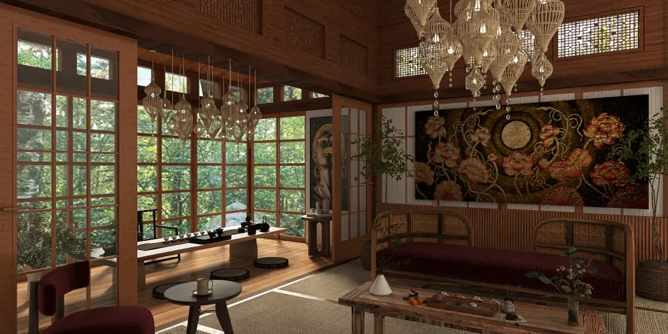wooden interior design showcasing a cozy living space with large windows and natural light, featuring traditional elements and a harmonious atmosphere, highlighting Homestyler's real-time 3D rendering capabilities.