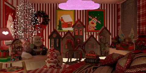 A cozy holiday-themed bedroom with festive decorations including Christmas houses and toys, designed in a cheerful red and white color palette, showcasing the Homestyler feature of real-time 3D rendering for quick design previews.