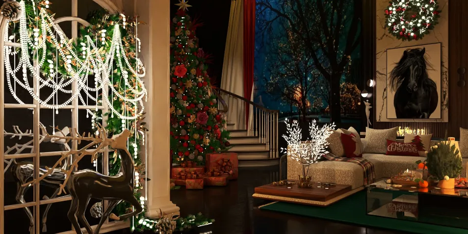 A festive living room decorated for Christmas featuring a beautifully adorned Christmas tree, whimsical lights, and seasonal decorations, showcasing an interior design style that enhances the festive spirit, utilizing Homestyler's real-time 3D rendering to visualize holiday decor options.