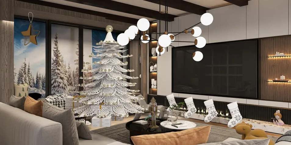 Christmas tree decoration in a modern living room with a cozy atmosphere, featuring a stylish design and festive elements, utilizing Homestyler's real-time 3D rendering feature.
