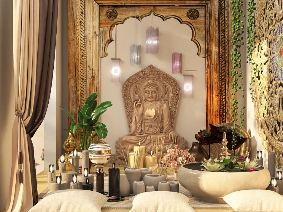 Buddha statue surrounded by decorative elements in a serene indoor space, featuring a calming and spiritual design style, optimized for relaxation and meditation using Homestyler's real-time 3D rendering.
