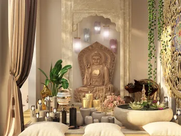 Buddha statue in a serene meditation space incorporating natural elements, designed in a tranquil style, showcasing interior decor with a focus on relaxation. The image features Homestyler's real-time 3D rendering for an immersive preview.