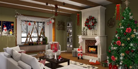 cozy living room decorated for Christmas featuring a beautifully adorned tree and a fireplace with stockings, showcasing interior design and smart furniture arrangement functionality from Homestyler