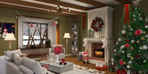 cozy living room decorated for Christmas with a fireplace and a Christmas tree, showcasing interior design ideas for festive home decor; featuring Homestyler's real-time 3D rendering function for design previews.