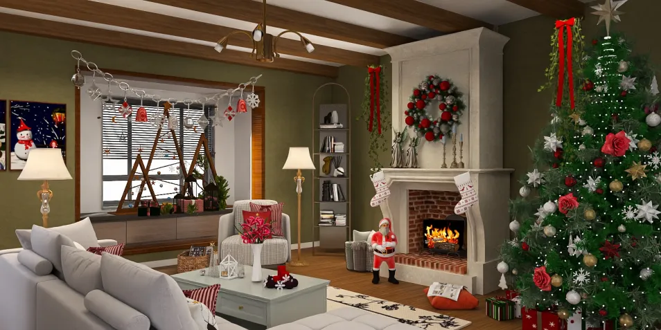 cozy living room decorated for Christmas with a fireplace and a Christmas tree, showcasing interior design ideas for festive home decor; featuring Homestyler's real-time 3D rendering function for design previews.
