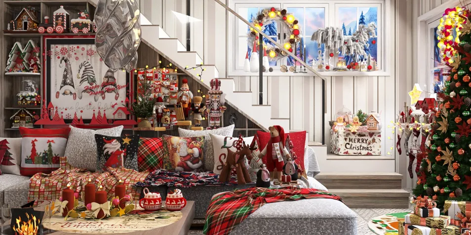 cozy living room decorated for Christmas with festive furnishings and holiday ornaments showcasing a warm and inviting atmosphere, featuring the Homestyler real-time 3D rendering function for enhanced design visualization.