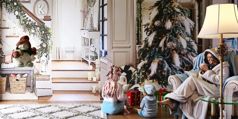 Cozy living room decorated for Christmas with a Christmas tree, children unwrapping gifts, and a festive atmosphere, featuring interior design trends for holiday decorations, showcasing Homestyler's live 3D rendering feature.