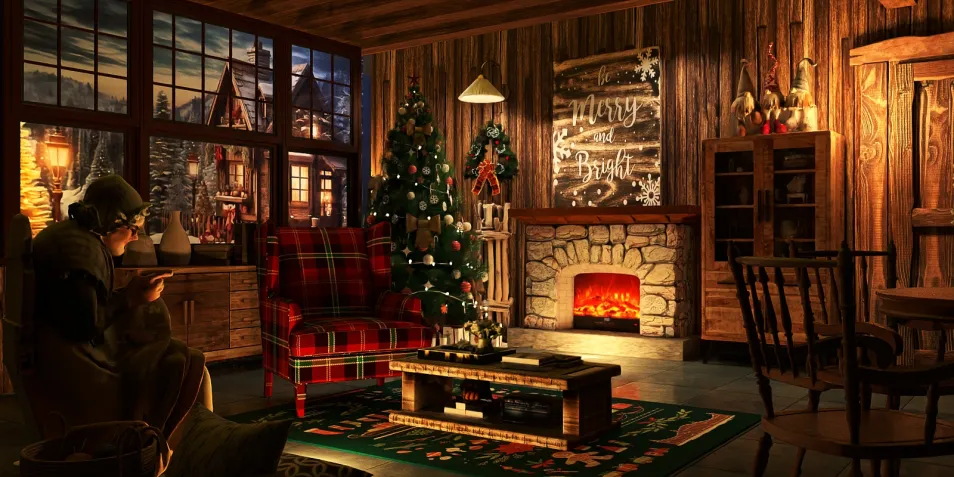 cozy living room with holiday decorations featuring a fireplace and Christmas tree, creating a warm and inviting atmosphere, showcasing interior design using Homestyler's real-time 3D rendering feature.