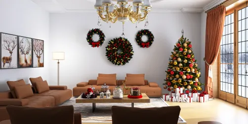 Living room decorated for Christmas with a beautifully adorned tree, featuring cozy brown sofas and a festive centerpiece, showcasing modern interior design using Homestyler's real-time 3D rendering feature.