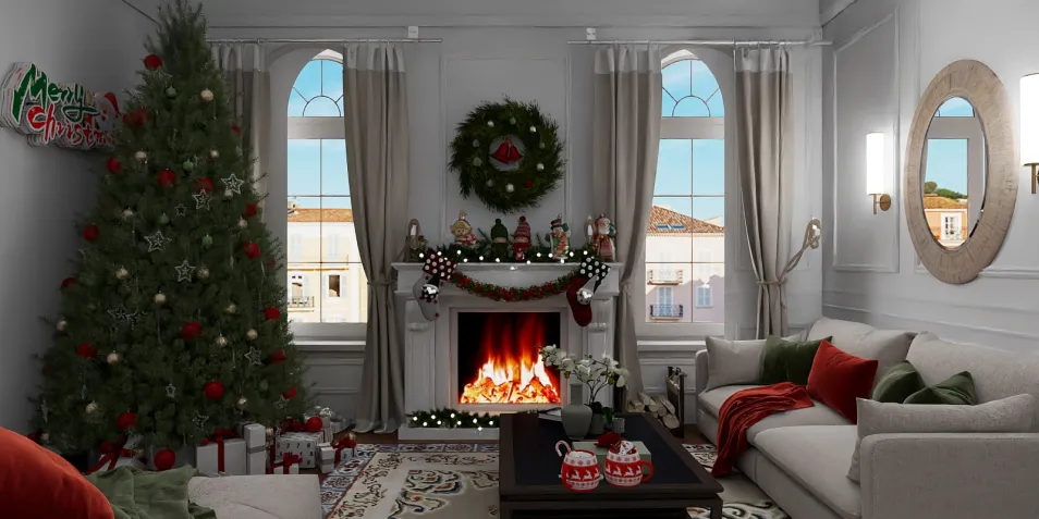 Christmas living room with decorated tree and fireplace creating a cozy atmosphere in a traditional style, showcasing interior decor ideas with Homestyler's real-time 3D rendering feature.