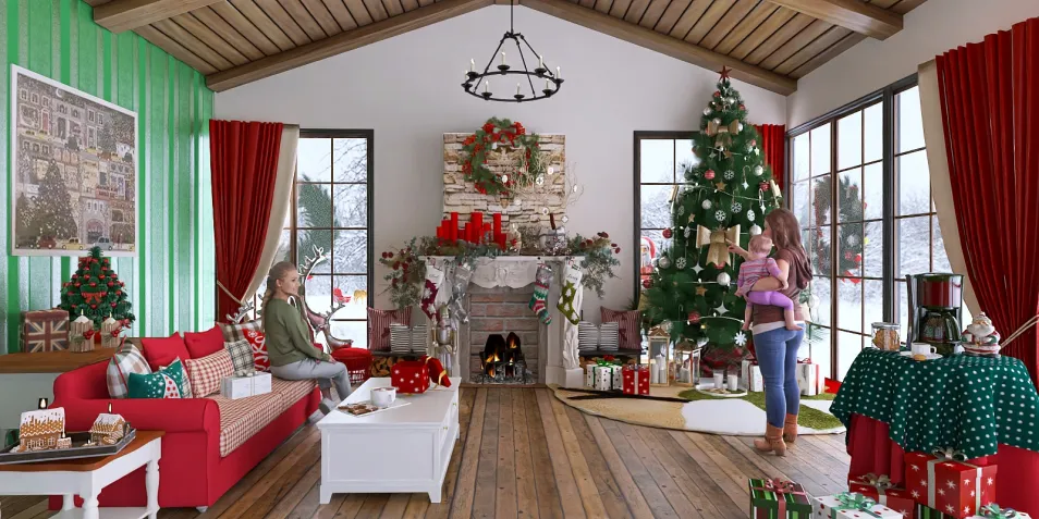 cozy living room decorated for Christmas featuring a festive tree and holiday decorations, showcasing a warm and inviting atmosphere, designed with Homestyler's real-time 3D rendering feature.