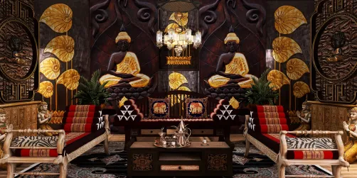 luxurious living room featuring ornate Buddha statues, rich color scheme and intricate details, showcasing a bohemian interior design style, highlighting Homestyler's real-time 3D rendering feature for visualizing design proposals.