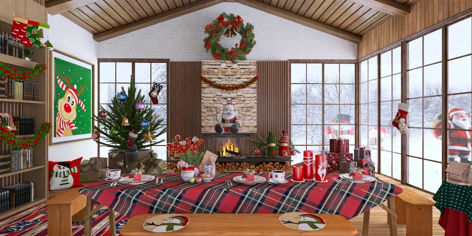 cozy Christmas dining area featuring a festive table setting and holiday decorations in a rustic cabin style with a warm fireplace ambiance; showcasing the interior design capabilities of Homestyler.