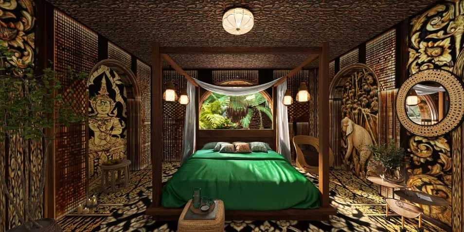luxurious four-poster bed with green bedding featuring nature-inspired decor and intricate wall carvings in a tropical-themed bedroom interior design; utilizing Homestyler's real-time 3D rendering for instant design previews.