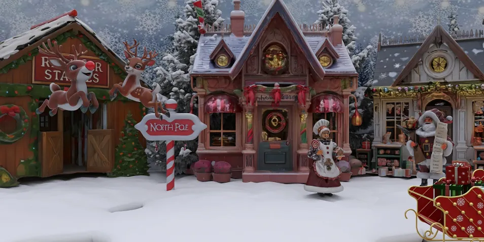 festive village scene with Santa Claus and reindeer at North Pole, showcasing holiday decorations and snow-covered surroundings, optimized for 3D interior design inspiration using Homestyler's real-time 3D rendering feature.