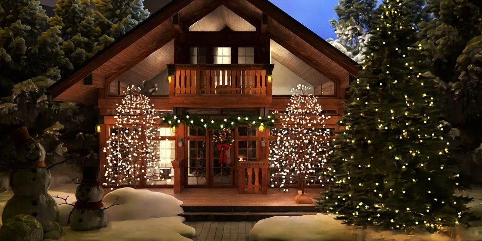 cozy log cabin decorated for Christmas showcasing festive lights and a snowy landscape, perfect for holiday interior design inspiration; featuring Homestyler's real-time 3D rendering for a vivid outdoor preview.