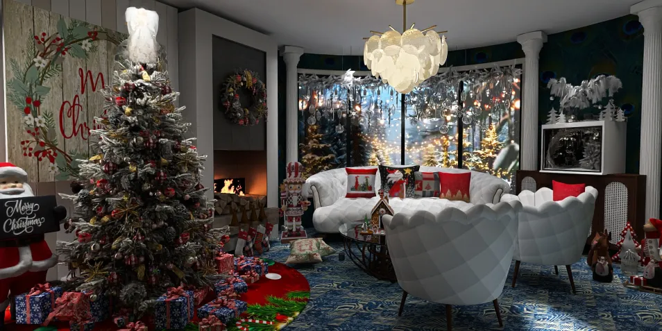 cozy living room decorated for Christmas with a beautifully adorned tree and festive accessories, showcasing a traditional holiday interior design style, leveraging Homestyler's real-time 3D rendering feature for immersive visualization.