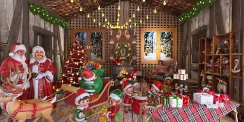 Christmas themed interior design featuring Santa Claus characters, festive decorations, and a cozy holiday atmosphere, utilizing Homestyler's real-time 3D rendering for an immersive design preview.