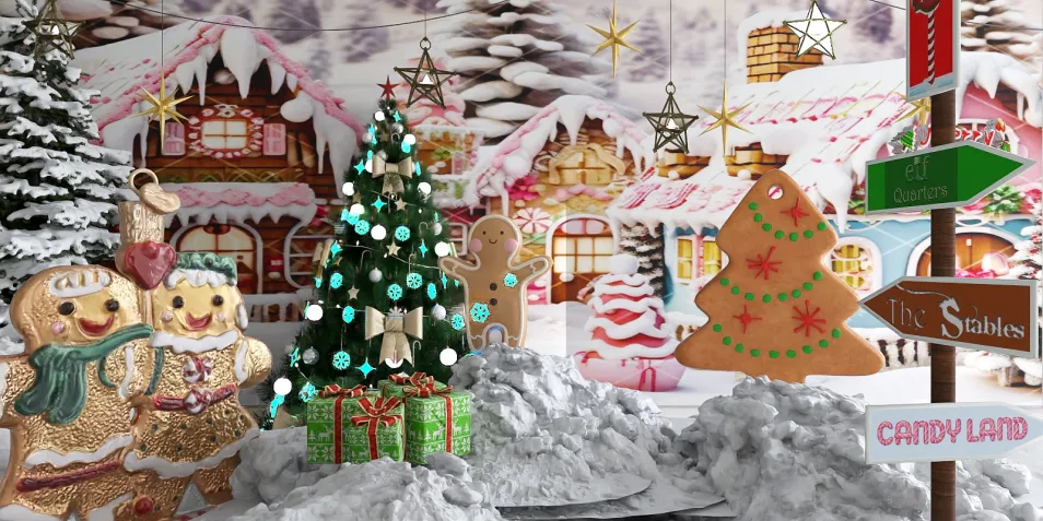 whimsical gingerbread village setting featuring gingerbread cookies and a decorated Christmas tree, creating a festive holiday atmosphere in an interior design concept, utilizing Homestyler's real-time 3D rendering feature for an immersive seasonal display.