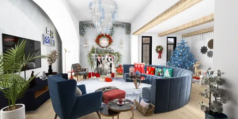 cozy living room decorated for Christmas featuring a circular blue sofa and a large Christmas tree in a modern style with festive accents, showcasing Homestyler's real-time 3D rendering functionality.