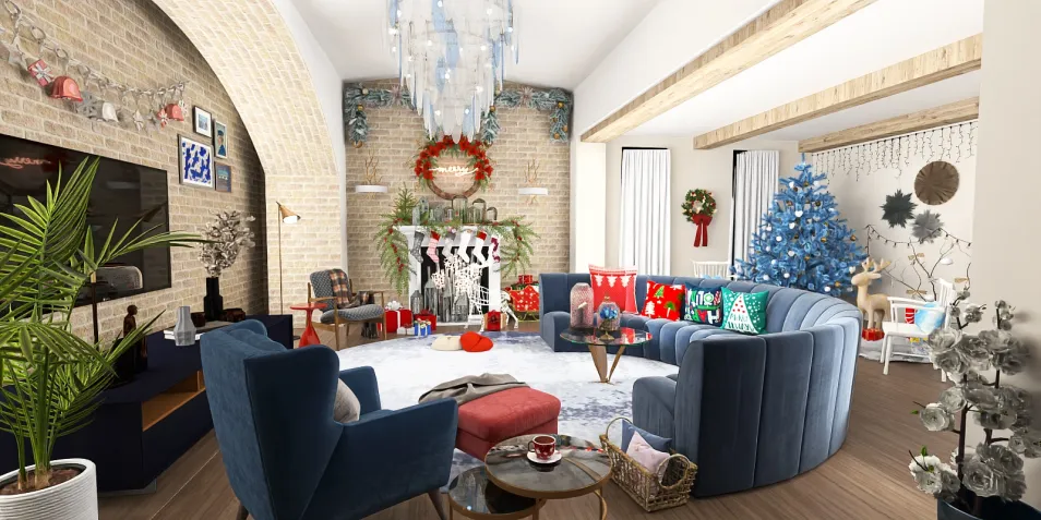 colorful Christmas living room with festive decorations showcasing modern furniture arrangement in a cozy space, utilizing Homestyler's real-time 3D rendering feature