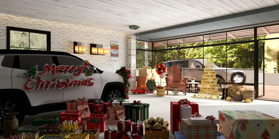 a festive garage decorated for Christmas with holiday gifts and a decorated vehicle, showcasing a cheerful seasonal design in a spacious indoor environment, featuring Homestyler's real-time 3D rendering for an immersive holiday planning experience.