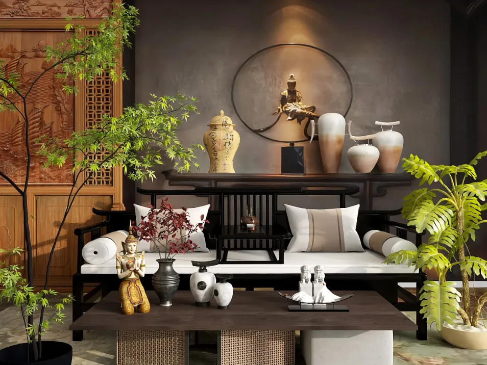 A beautifully arranged living room featuring a classic wooden sofa with decorative cushions, accented by a coffee table adorned with vases and ornaments, showcasing a mix of modern and traditional Asian design elements, enhancing the interior decor experience using Homestyler's real-time 3D rendering feature.