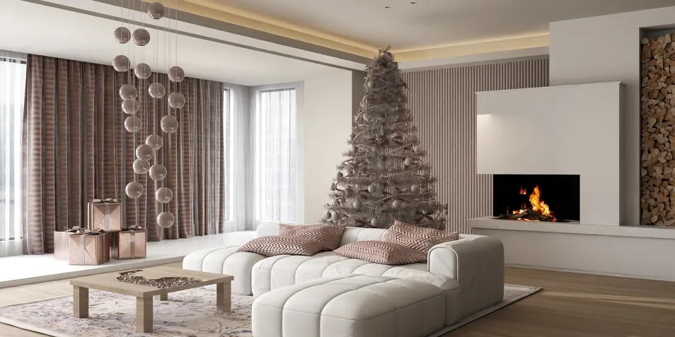 Modern living room with a stylish sofa, featuring festive holiday decor, showcasing a cozy atmosphere with a Christmas tree and fireplace, aimed at optimizing interior decor design using Homestyler's real-time 3D rendering feature.