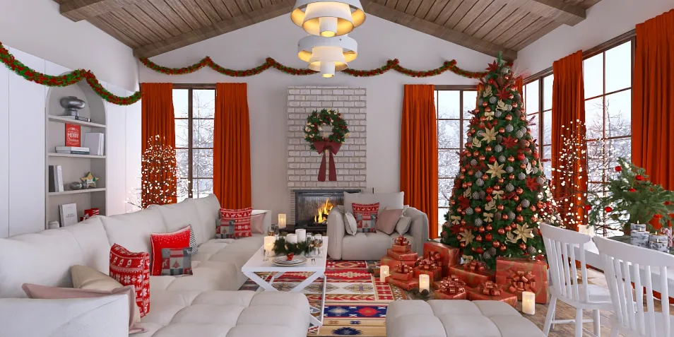 cozy living room decorated for Christmas with a Christmas tree and warm lighting featuring interior decor ideas, utilizing Homestyler's real-time 3D rendering feature for quick design proposals.