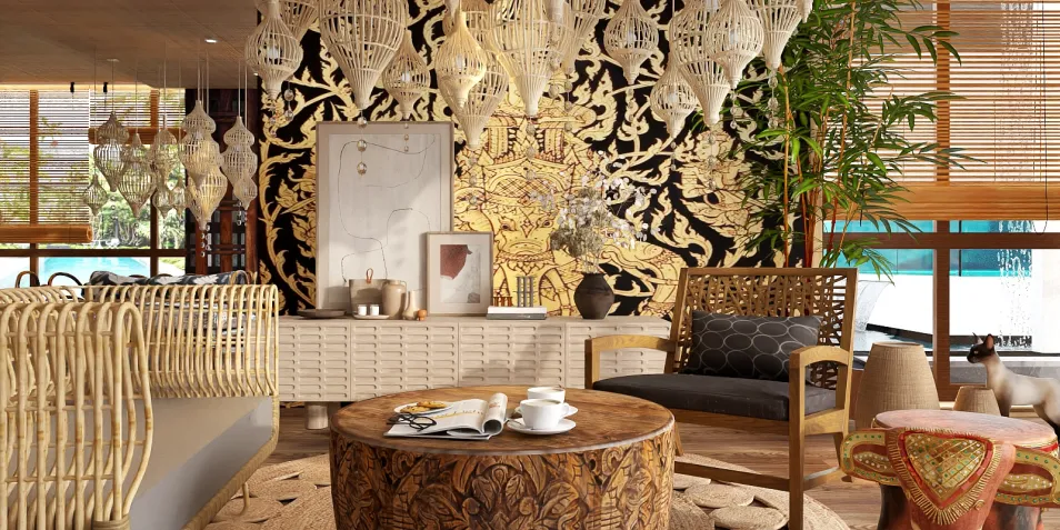 modern living room featuring a rattan seating area with decorative wall art and natural materials, showcasing a cozy atmosphere ideal for interior design inspiration, utilizing Homestyler's real-time 3D rendering feature.