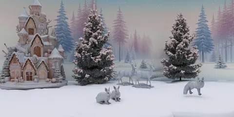 snowy winter scene featuring charming gingerbread house and various snowy animals including rabbits and a fox, styled in a whimsical holiday theme, showcasing Homestyler's 3D rendering capabilities for captivating seasonal decor.