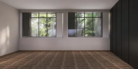 empty room with large windows showcasing greenery outside, interior space design preview, featuring modern minimalist style, highlights the capability of Homestyler's real-time 3D rendering.
