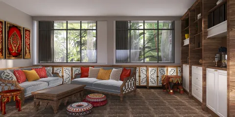 cozy living room with vibrant cushions and ethnic decor featuring natural light and greenery, showcasing interior design using Homestyler's real-time 3D rendering for quick visualization.