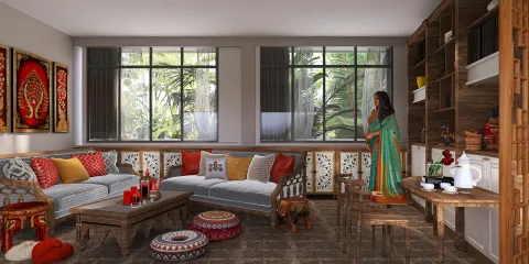 cozy living room with comfortable seating arranged for relaxation in traditional style featuring vibrant decor and indoor plants, utilizing Homestyler's real-time 3D rendering for design visualization.