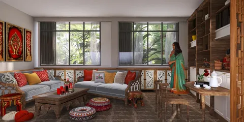 cozy living room with comfortable seating and decorative accessories showcasing a traditional style, featuring interior design elements for a vibrant and inviting space, utilizing Homestyler's real-time 3D rendering for quick visualization.