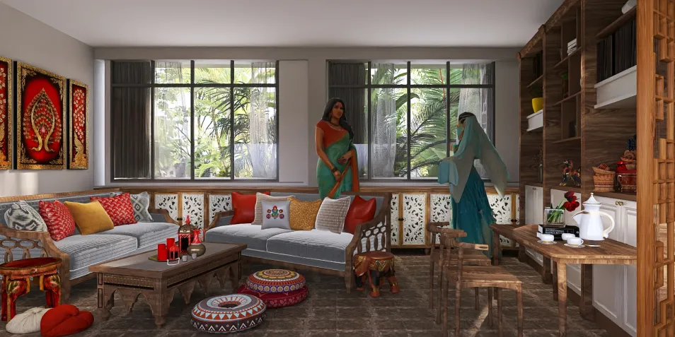 A cozy living room featuring a blend of traditional and modern design elements, showcasing vibrant colors and intricate patterns, optimized for interior decor ideas using Homestyler's real-time 3D rendering feature.