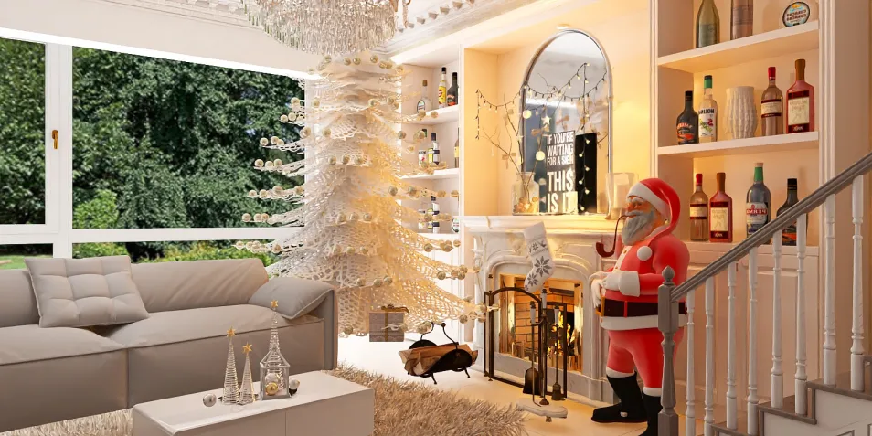 living room with Christmas tree and Santa Claus figurine, decorating for the holidays in a modern style, showcasing interior decor with Homestyler's real-time 3D rendering.