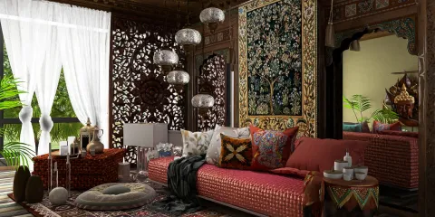 colorful living room featuring ornate textiles and intricate wall patterns, creating a vibrant bohemian atmosphere, showcasing indoor decor ideas, powered by Homestyler's real-time 3D rendering feature.