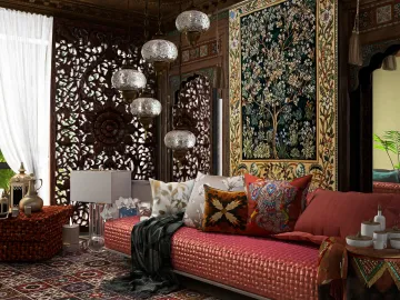 cozy lounge area featuring an intricately patterned wall with textiles and decorative cushions, showcasing a Moroccan style, perfect for interior decor inspiration; utilizing Homestyler's real-time 3D rendering for accurate visualization.